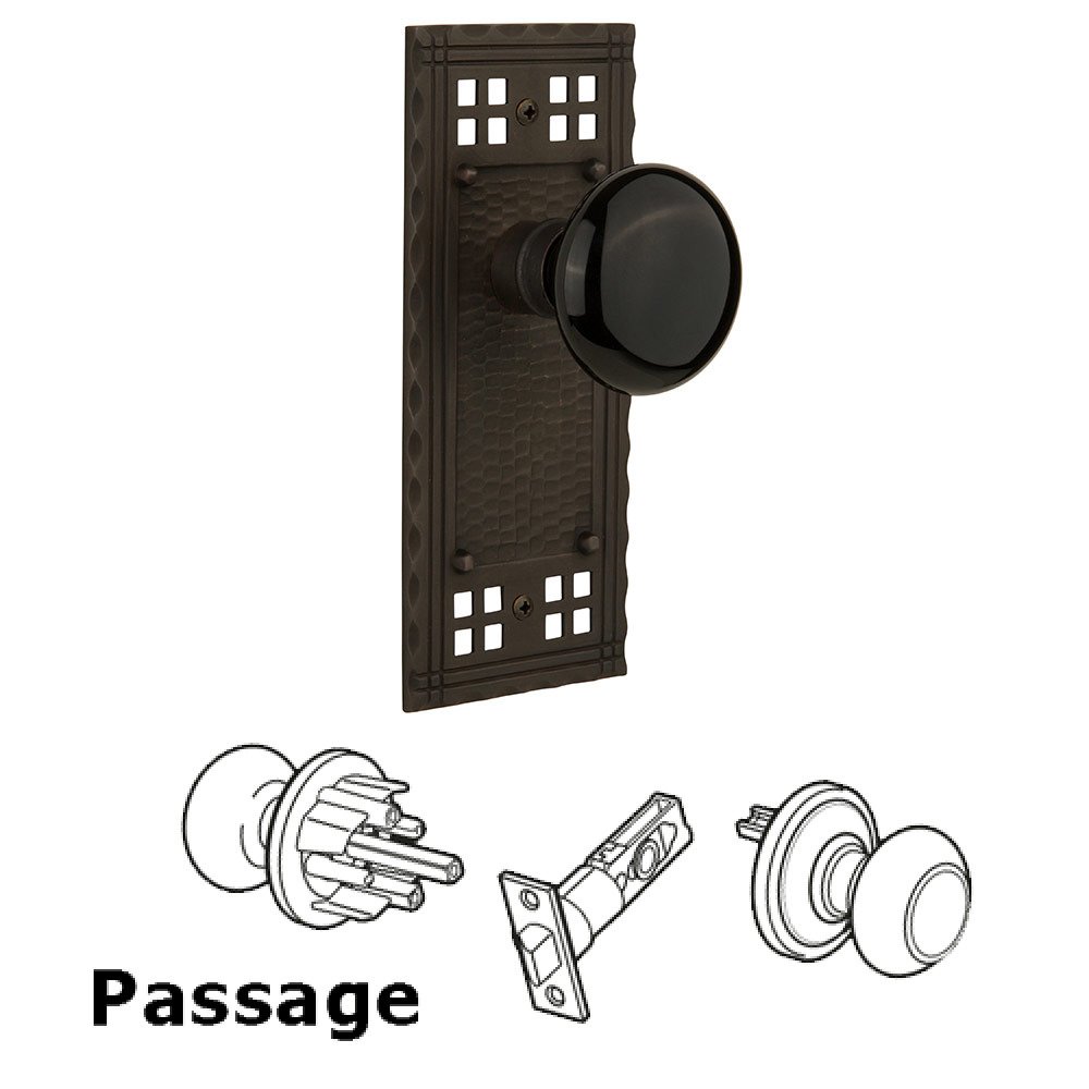 Nostalgic Warehouse Passage Craftsman Plate with Black Porcelain Knob in Oil Rubbed Bronze