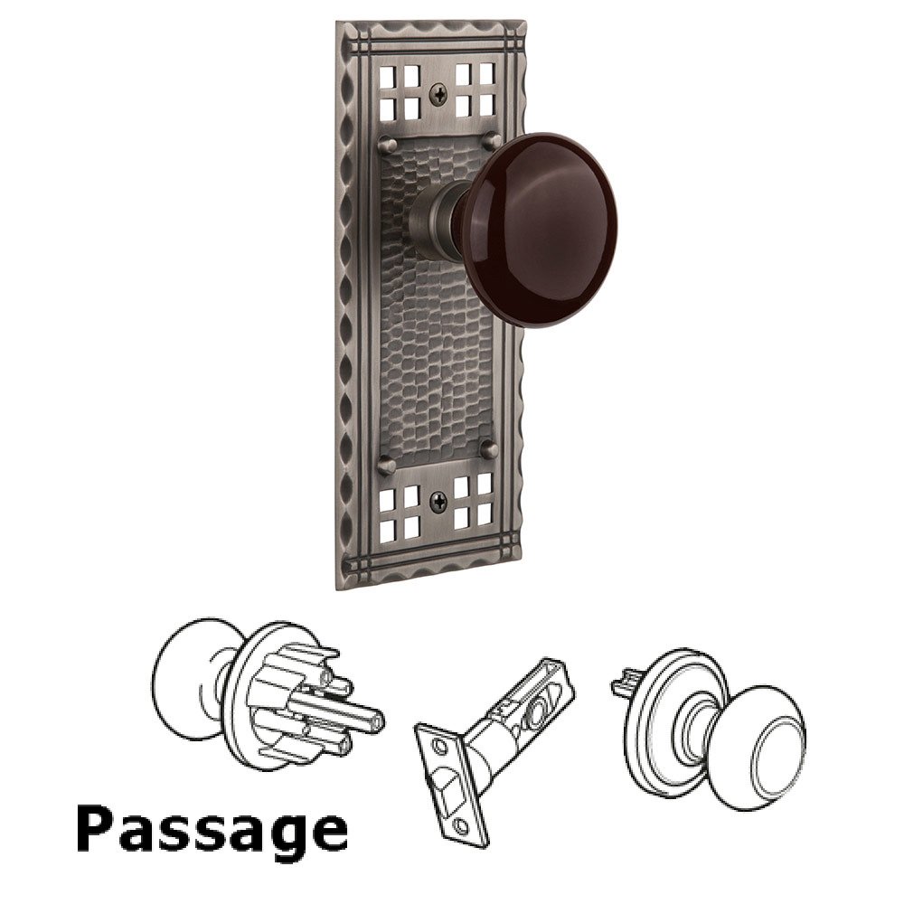 Nostalgic Warehouse Passage Craftsman Plate with Brown Porcelain Knob in Antique Pewter