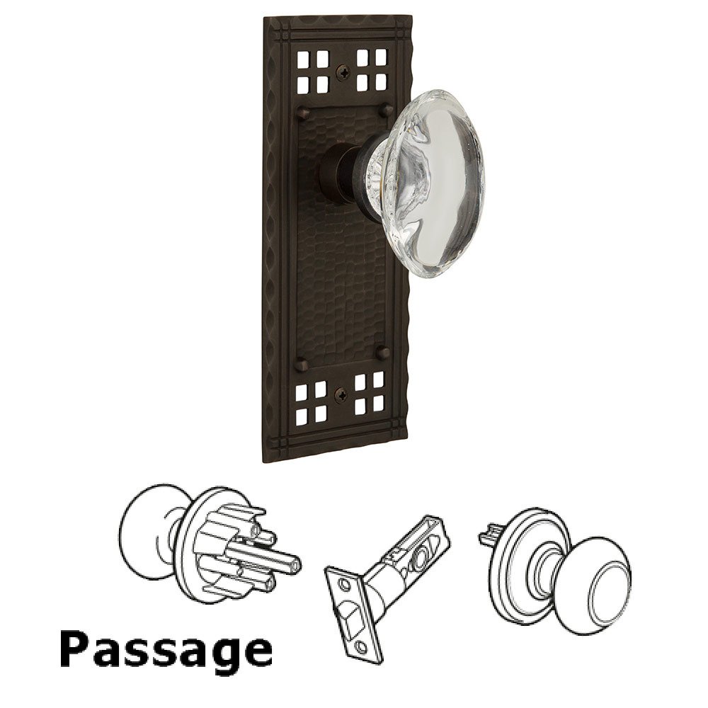 Nostalgic Warehouse Passage Craftsman Plate with Oval Clear Crystal Glass Door Knob in Oil Rubbed Bronze