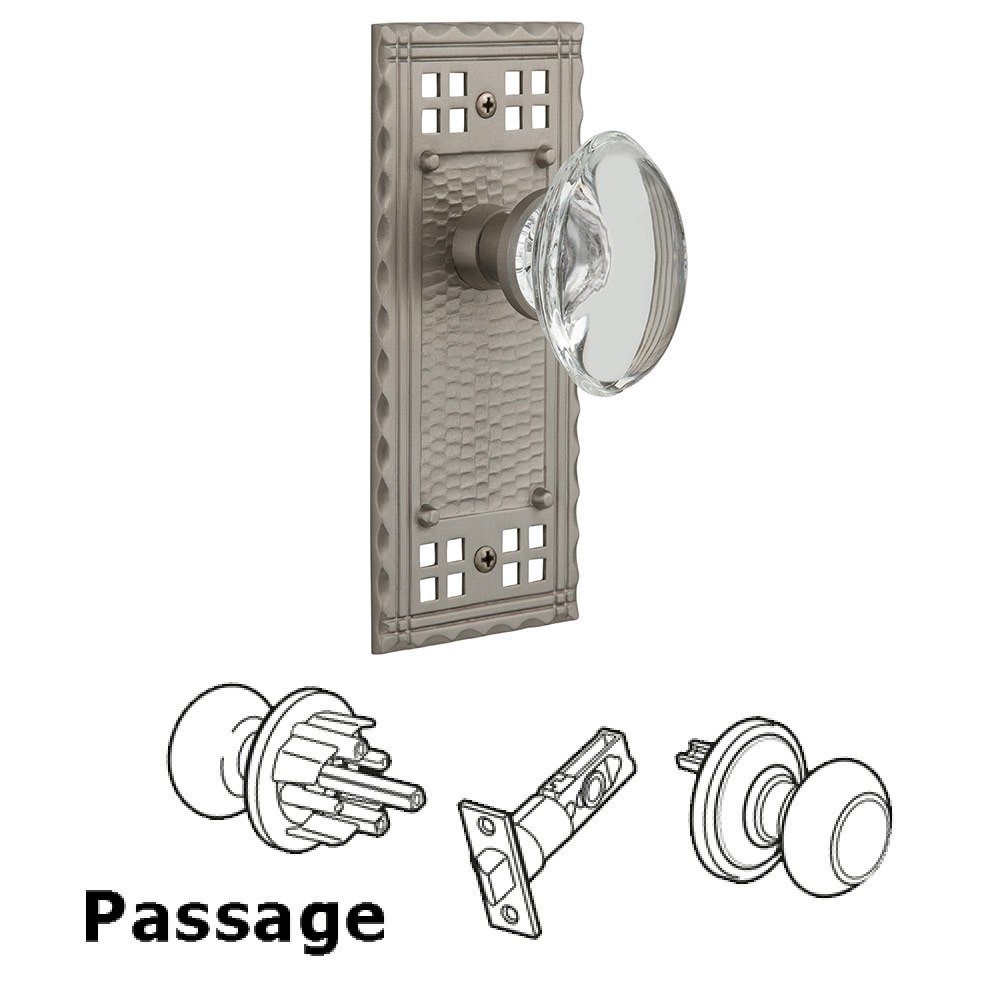 Nostalgic Warehouse Passage Craftsman Plate with Oval Clear Crystal Glass Door Knob in Satin Nickel
