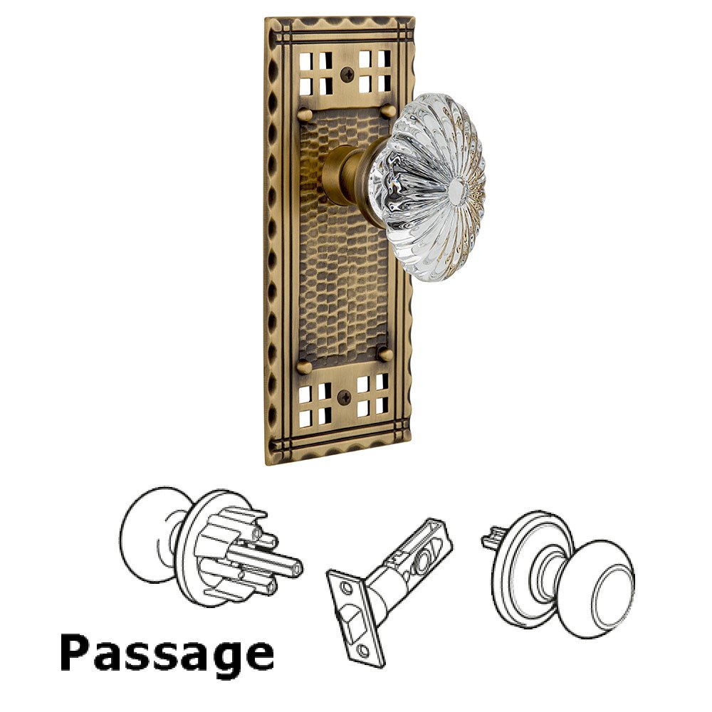 Nostalgic Warehouse Passage Craftsman Plate with Oval Fluted Crystal Glass Door Knob in Antique Brass