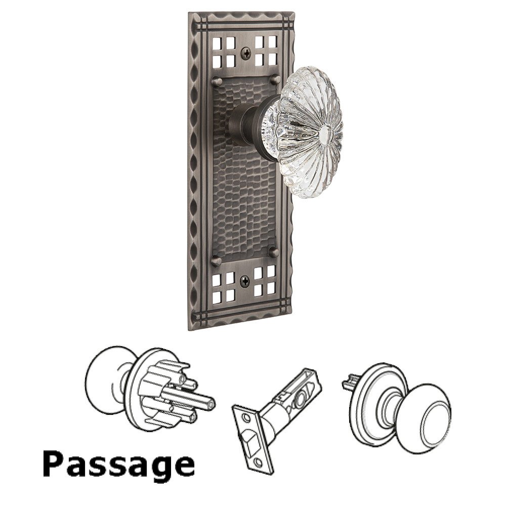 Nostalgic Warehouse Passage Craftsman Plate with Oval Fluted Crystal Glass Door Knob in Antique Pewter