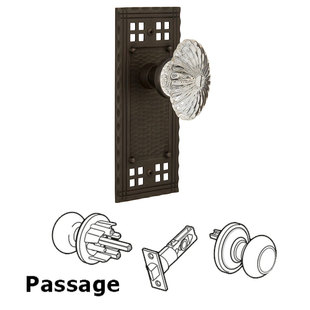 Nostalgic Warehouse Passage Craftsman Plate with Oval Fluted Crystal Glass Door Knob in Oil Rubbed Bronze