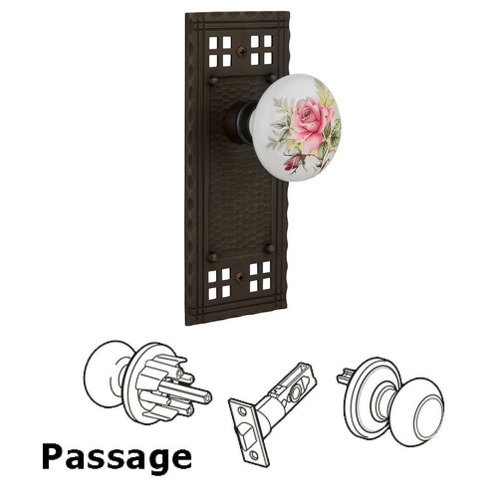 Nostalgic Warehouse Passage Craftsman Plate with White Rose Porcelain Knob in Oil Rubbed Bronze