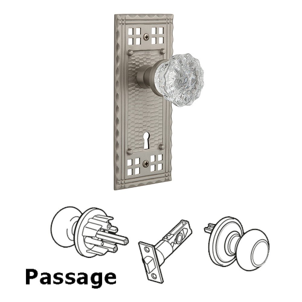 Nostalgic Warehouse Passage Craftsman Plate with Keyhole and Crystal Glass Door Knob in Satin Nickel