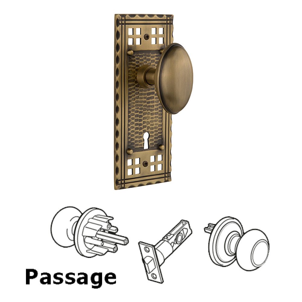 Nostalgic Warehouse Passage Craftsman Plate with Keyhole and Homestead Door Knob in Antique Brass