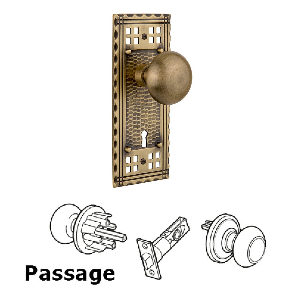 Nostalgic Warehouse Passage Craftsman Plate with Keyhole and New York Door Knob in Antique Brass