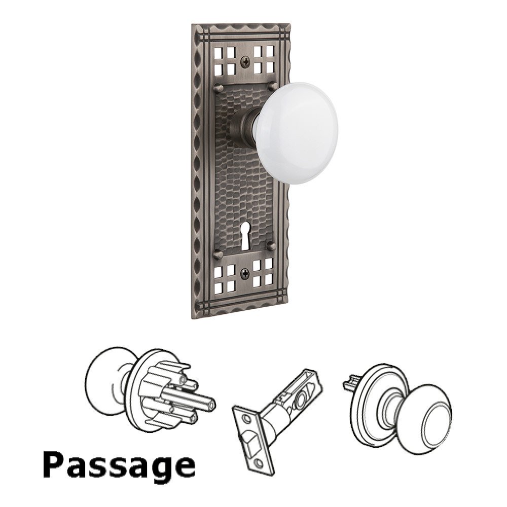 Nostalgic Warehouse Passage Craftsman Plate with Keyhole and White Porcelain Door Knob in Antique Pewter