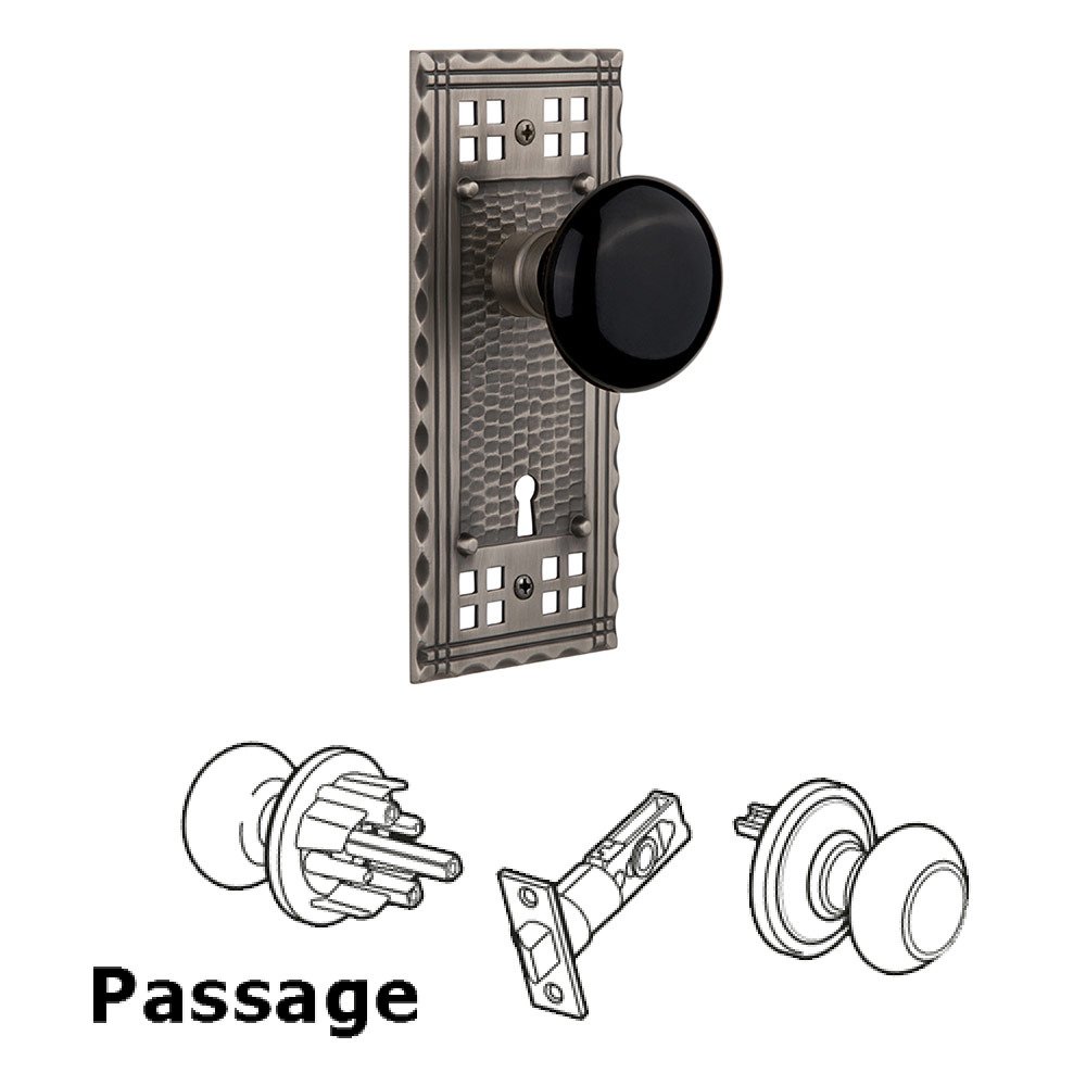 Nostalgic Warehouse Passage Craftsman Plate with Black Porcelain Knob and Keyhole in Antique Pewter
