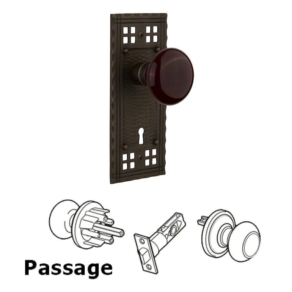 Nostalgic Warehouse Passage Craftsman Plate with Brown Porcelain Knob and Keyhole in Oil Rubbed Bronze