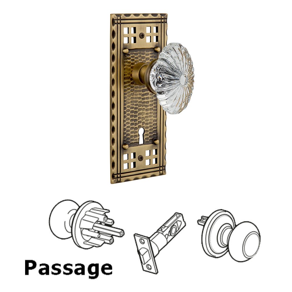Nostalgic Warehouse Passage Craftsman Plate with Oval Fluted Crystal Knob and Keyhole in Antique Brass