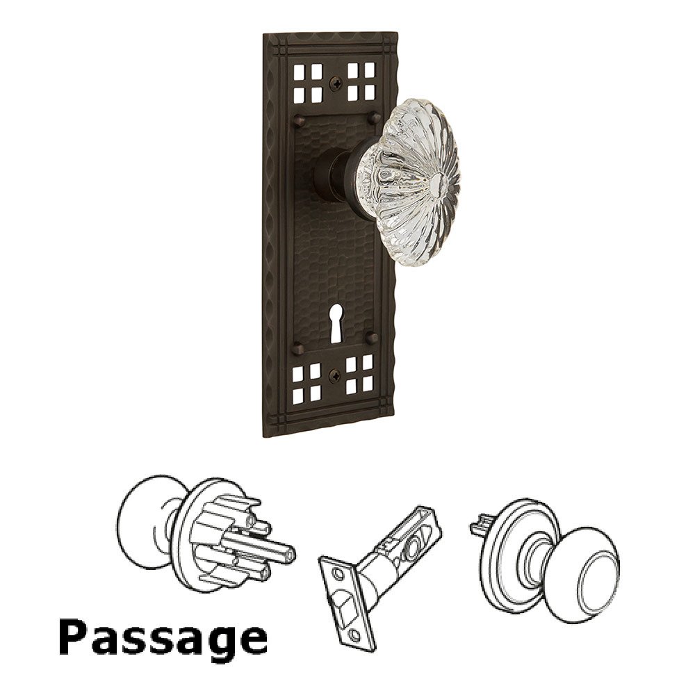 Nostalgic Warehouse Passage Craftsman Plate with Keyhole and Oval Fluted Crystal Glass Door Knob in Oil-Rubbed Bronze
