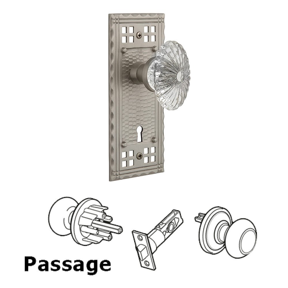 Nostalgic Warehouse Passage Craftsman Plate with Keyhole and Oval Fluted Crystal Glass Door Knob in Satin Nickel
