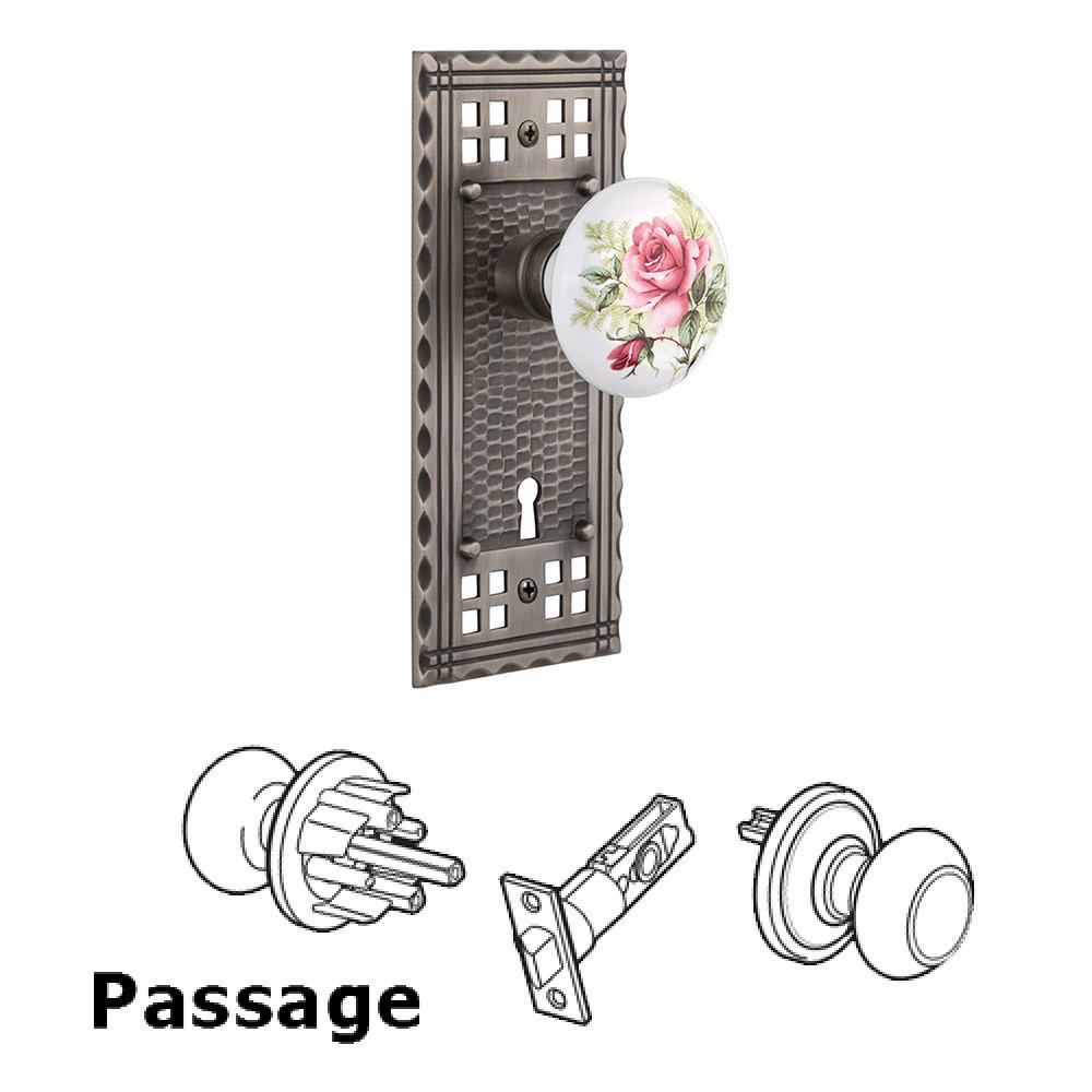 Nostalgic Warehouse Passage Craftsman Plate with White Rose Porcelain Knob and Keyhole in Antique Pewter