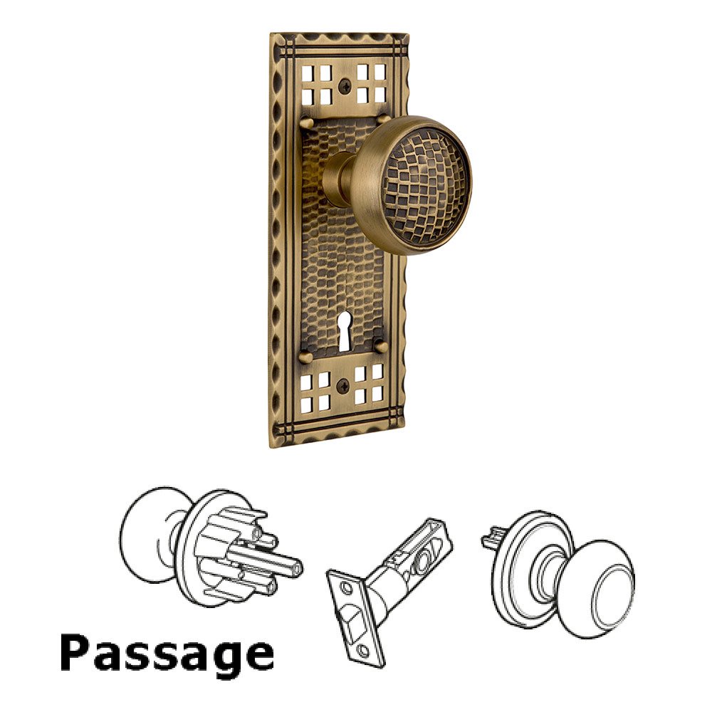 Nostalgic Warehouse Passage Craftsman Plate with Keyhole and Craftsman Door Knob in Antique Brass