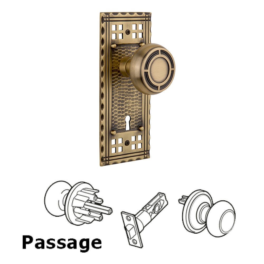 Nostalgic Warehouse Passage Craftsman Plate with Mission Knob and Keyhole in Antique Brass