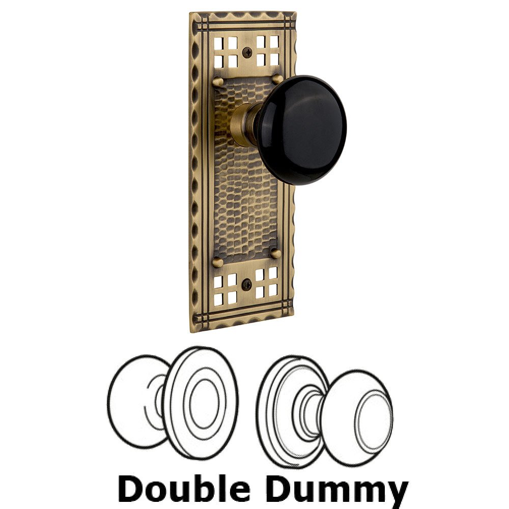 Nostalgic Warehouse Double Dummy Craftsman Plate with Black Porcelain Knob in Antique Brass