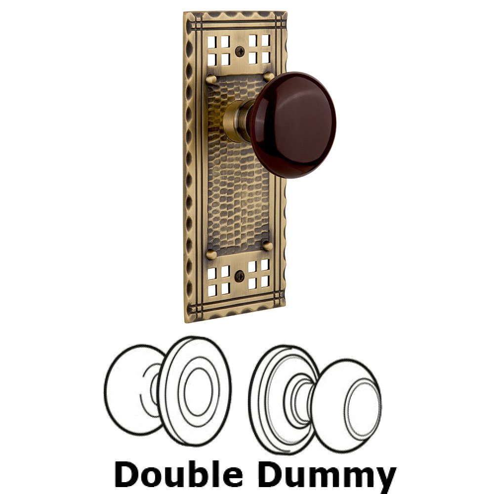 Nostalgic Warehouse Double Dummy Craftsman Plate with Brown Porcelain Knob in Antique Brass