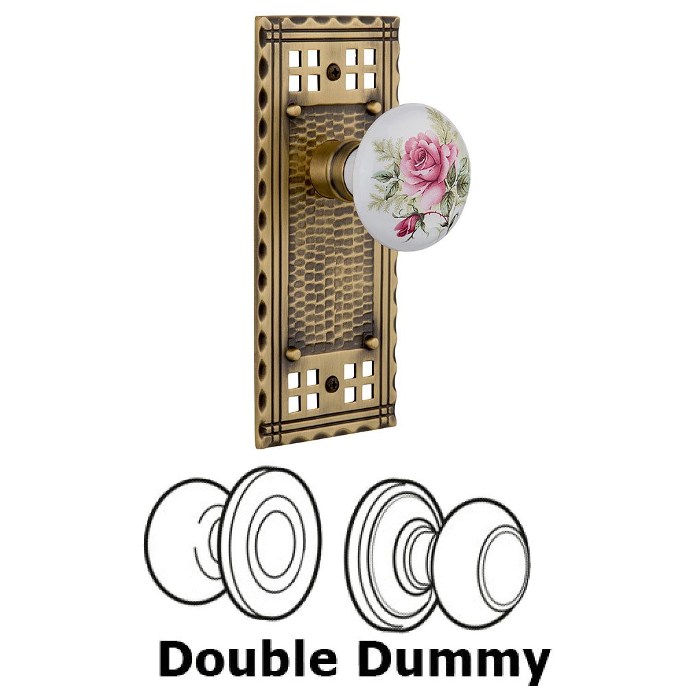 Nostalgic Warehouse Double Dummy Craftsman Plate with White Rose Porcelain Knob in Antique Brass