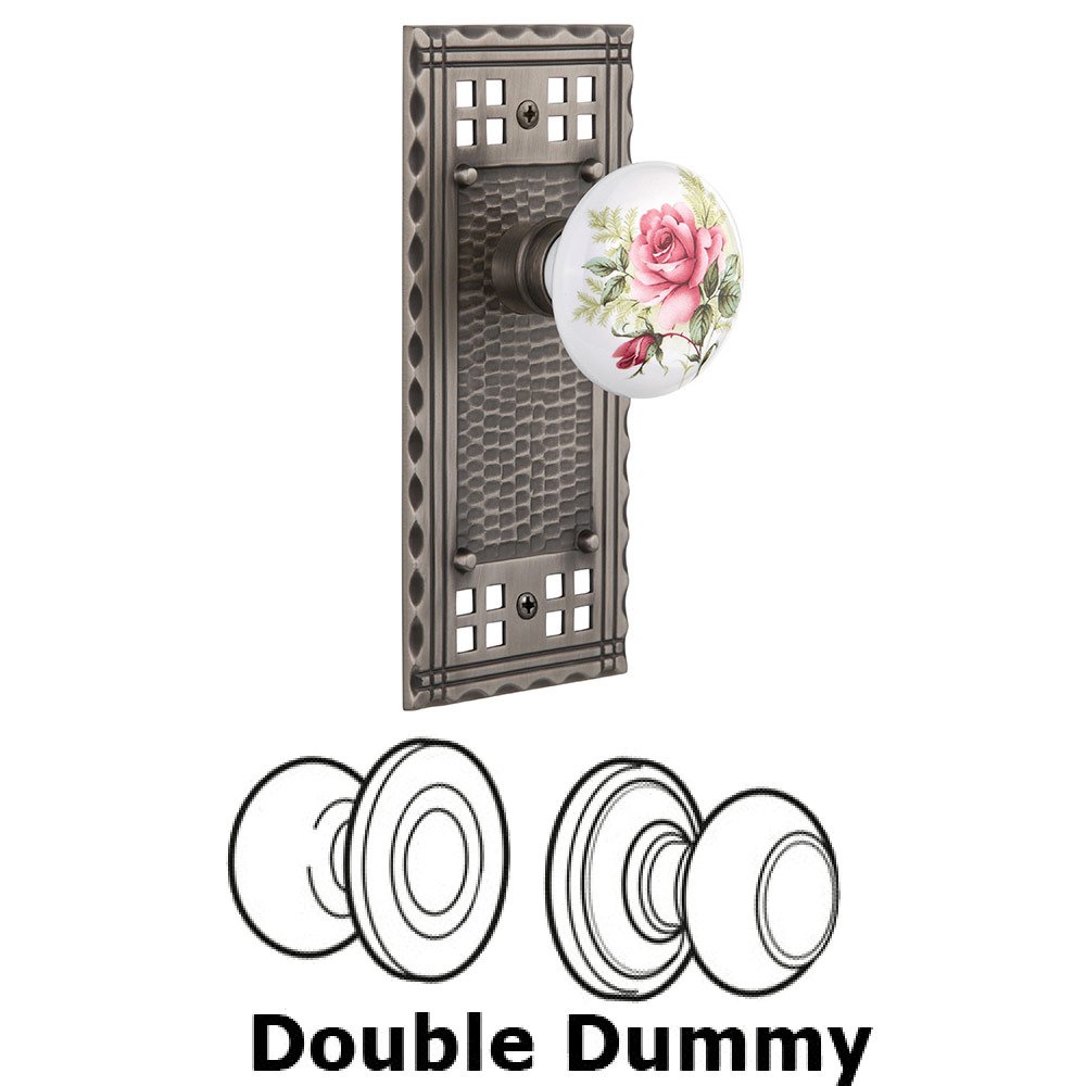 Nostalgic Warehouse Double Dummy Craftsman Plate with White Rose Porcelain Knob in Antique Pewter