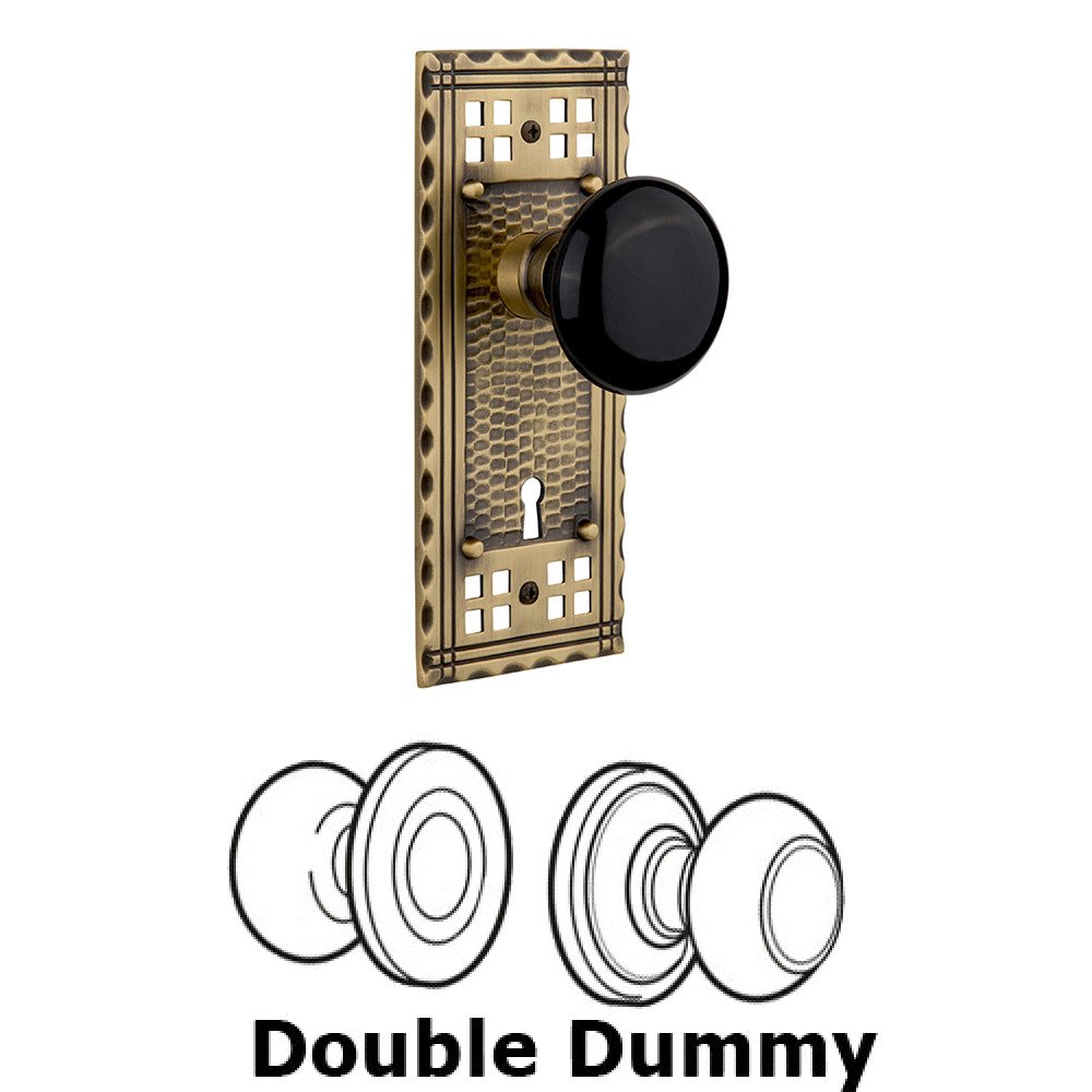 Nostalgic Warehouse Double Dummy Craftsman Plate with Black Porcelain Knob and Keyhole in Antique Brass