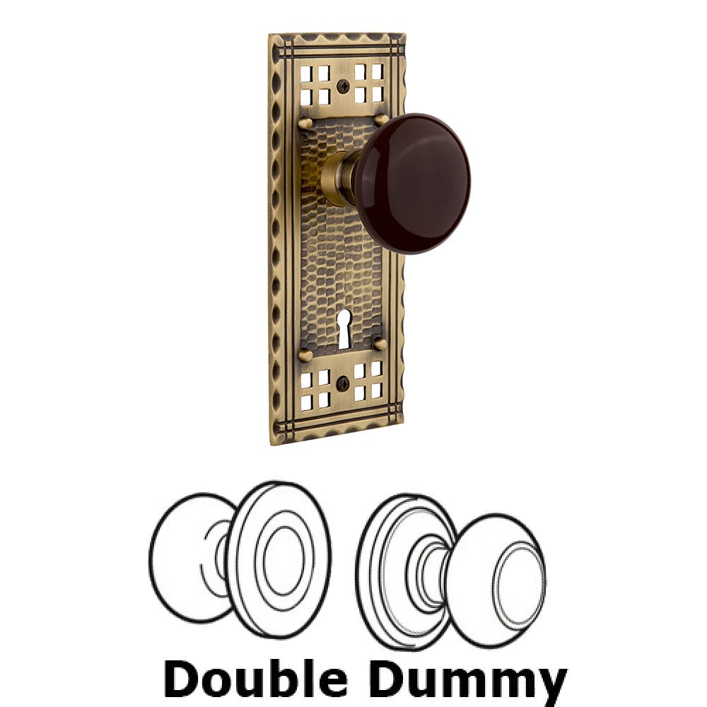 Nostalgic Warehouse Double Dummy Craftsman Plate with Brown Porcelain Knob and Keyhole in Antique Brass