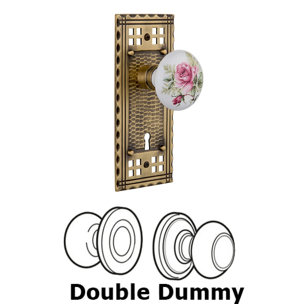 Nostalgic Warehouse Double Dummy Craftsman Plate with White Rose Porcelain Knob and Keyhole in Antique Brass