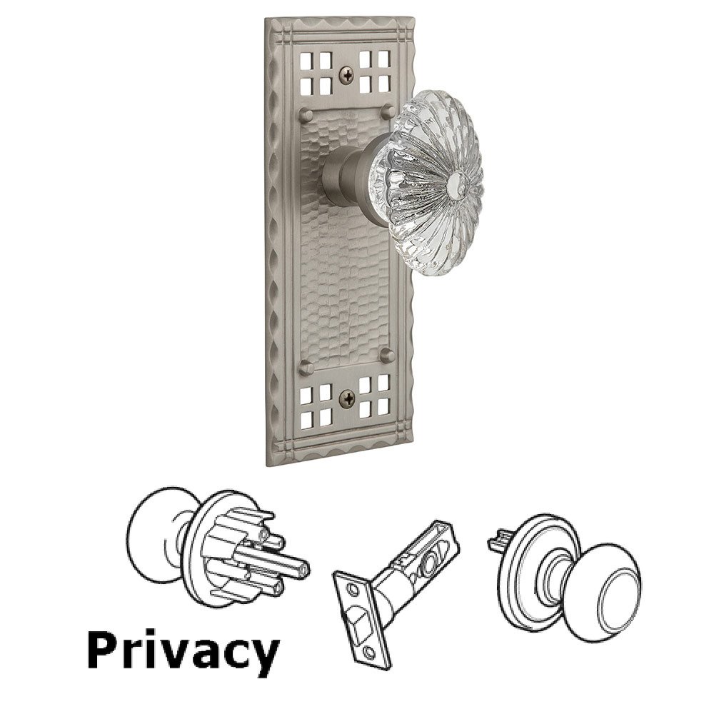 Nostalgic Warehouse Privacy Craftsman Plate with Oval Fluted Crystal Glass Door Knob in Satin Nickel