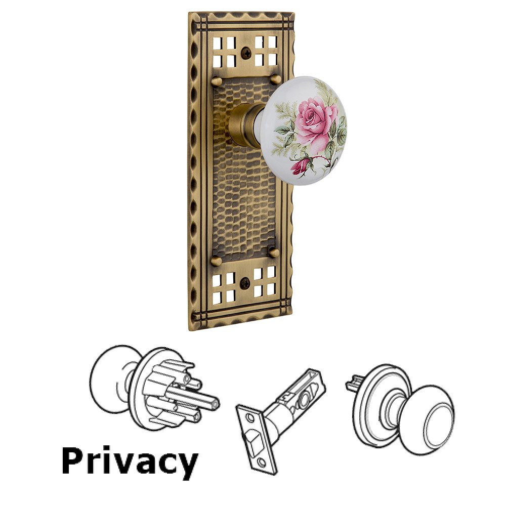 Nostalgic Warehouse Privacy Craftsman Plate with White Rose Porcelain Door Knob in Antique Brass