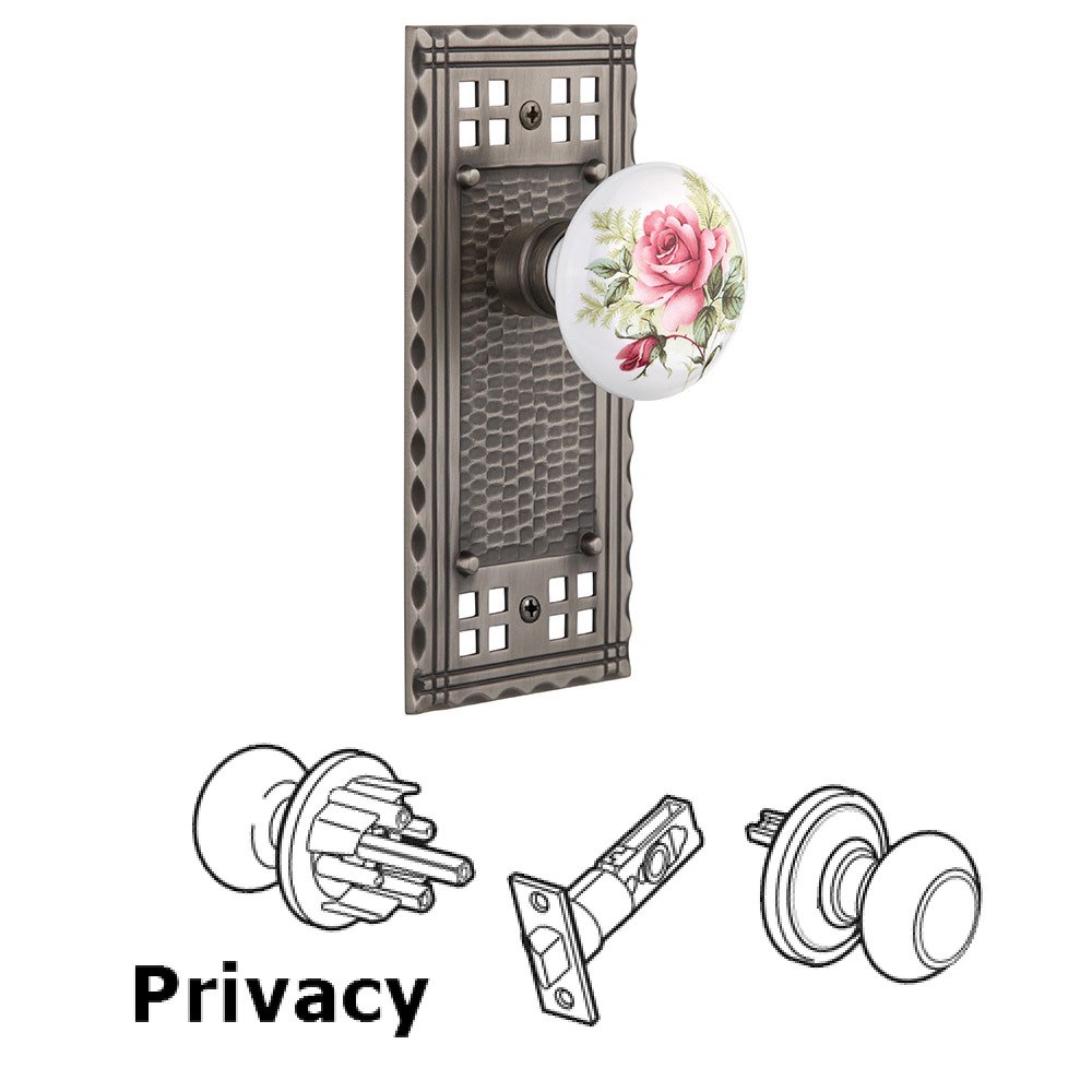 Nostalgic Warehouse Privacy Craftsman Plate with White Rose Porcelain Door Knob in Antique Pewter