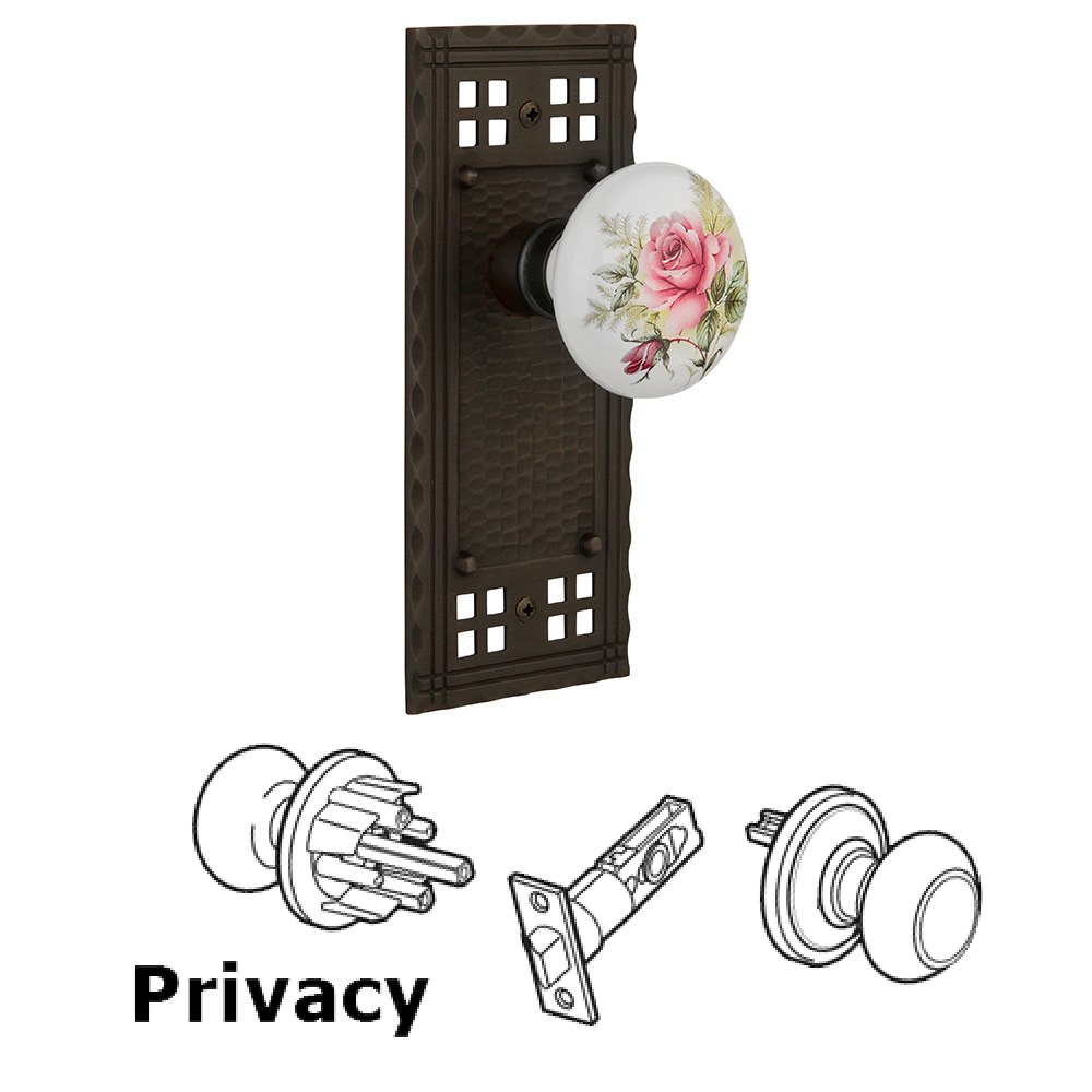 Nostalgic Warehouse Privacy Craftsman Plate with White Rose Porcelain Door Knob in Oil Rubbed Bronze