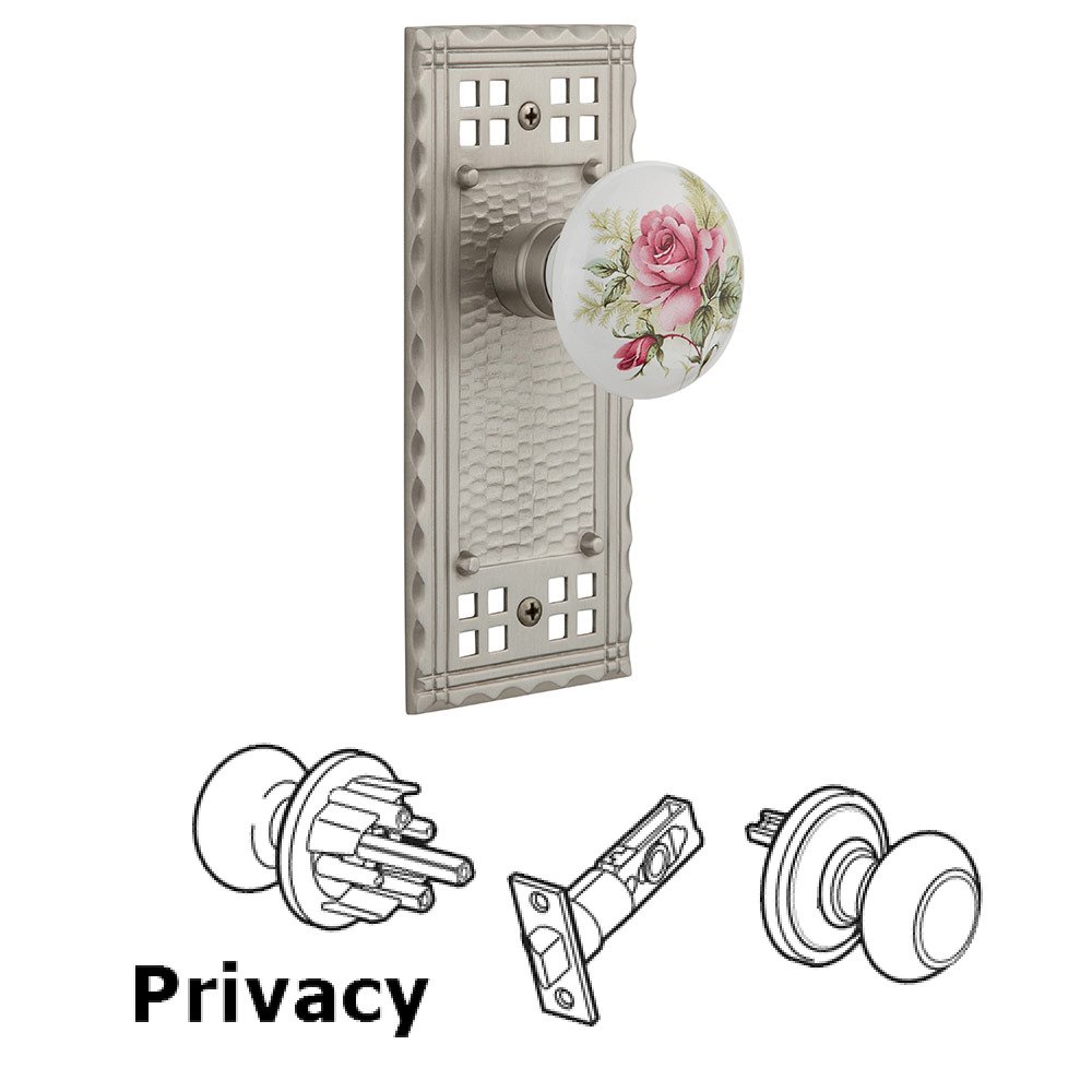 Nostalgic Warehouse Privacy Craftsman Plate with White Rose Porcelain Door Knob in Satin Nickel