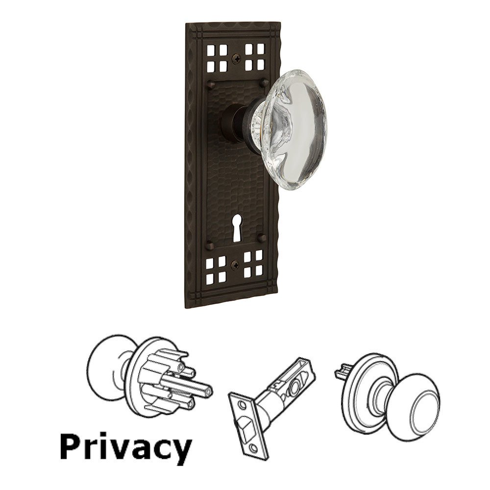 Nostalgic Warehouse Privacy Craftsman Plate with Keyhole and Oval Clear Crystal Glass Door Knob in Oil-Rubbed Bronze