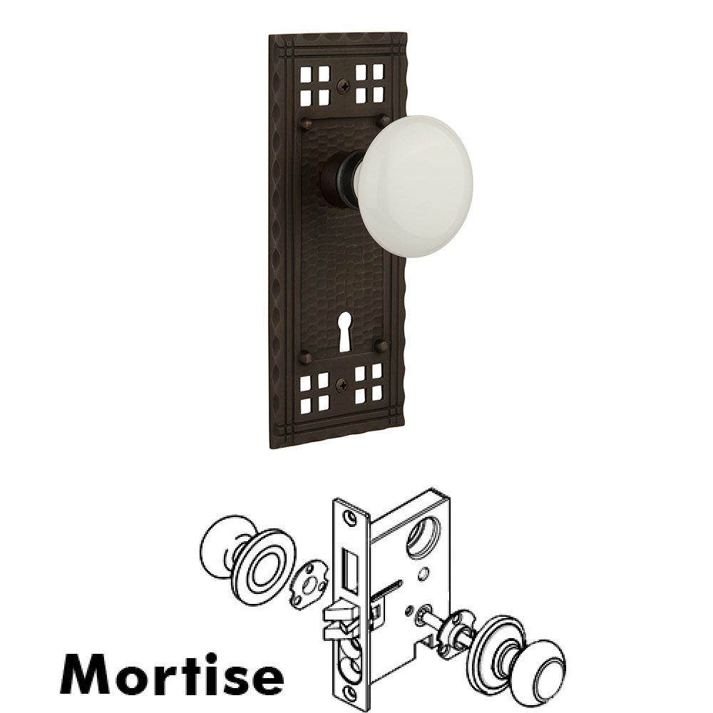 Nostalgic Warehouse Mortise Craftsman Plate with White Porcelain Knob and Keyhole in Oil Rubbed Bronze