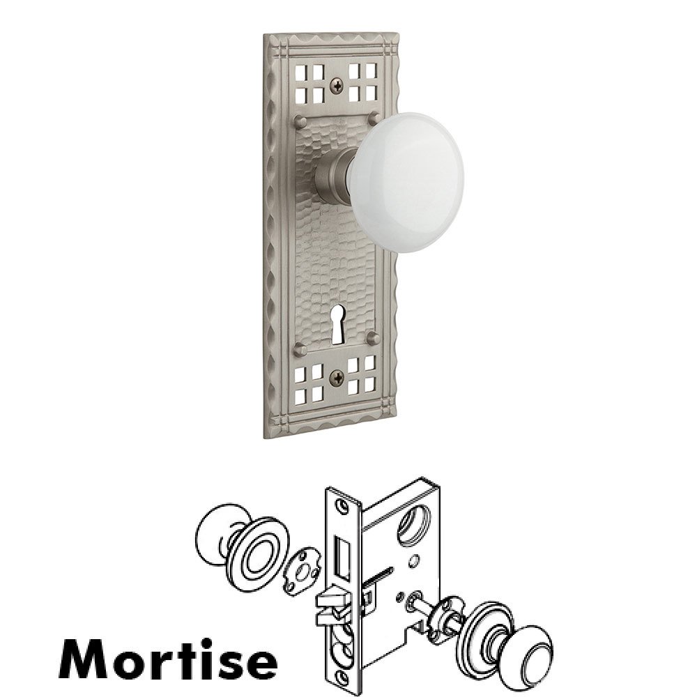 Nostalgic Warehouse Mortise Craftsman Plate with White Porcelain Knob and Keyhole in Satin Nickel