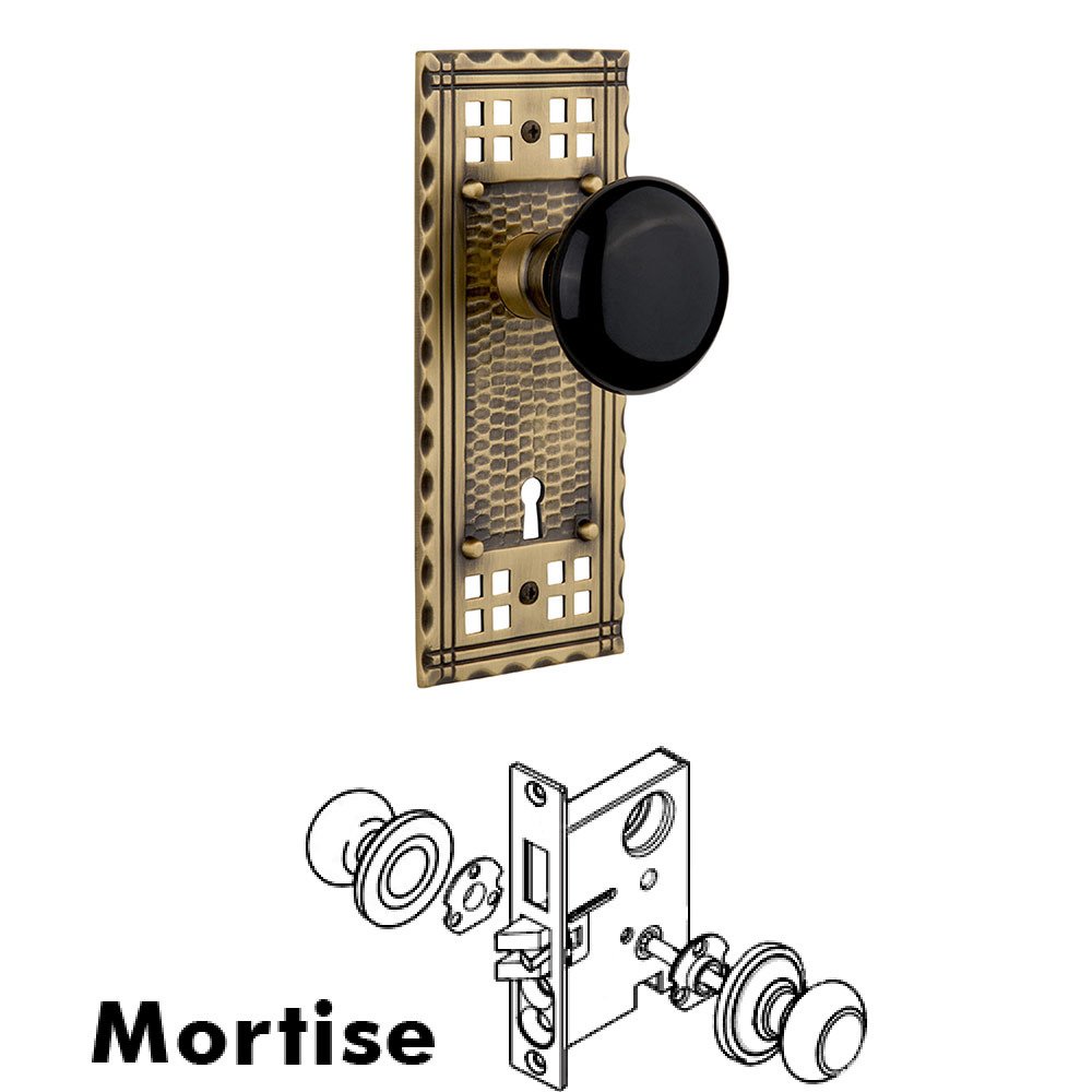Nostalgic Warehouse Mortise Craftsman Plate with Black Porcelain Knob and Keyhole in Antique Brass