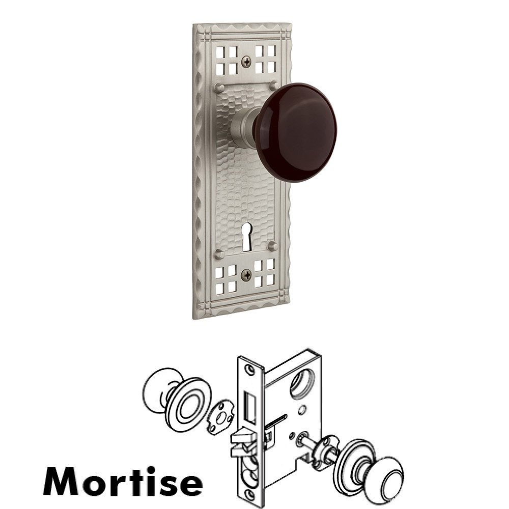Nostalgic Warehouse Mortise Craftsman Plate with Brown Porcelain Knob and Keyhole in Satin Nickel