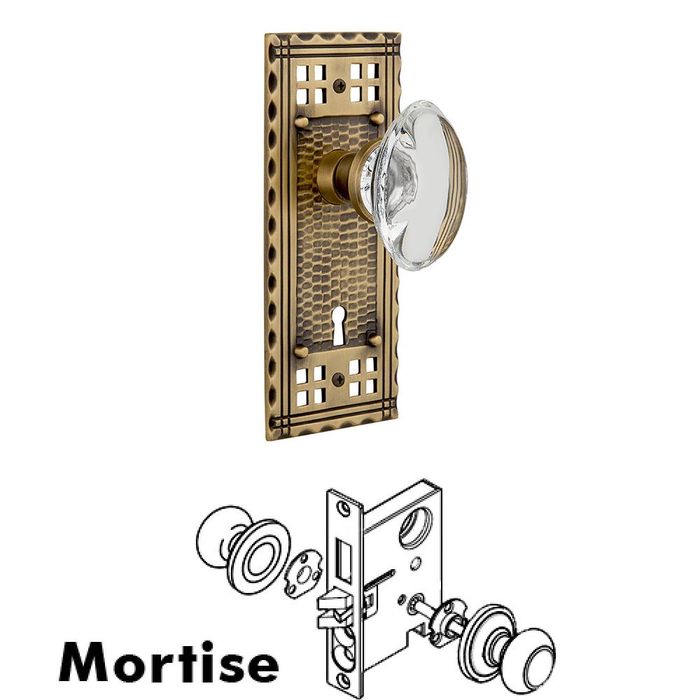 Nostalgic Warehouse Mortise Craftsman Plate with Oval Clear Crystal Knob and Keyhole in Antique Brass