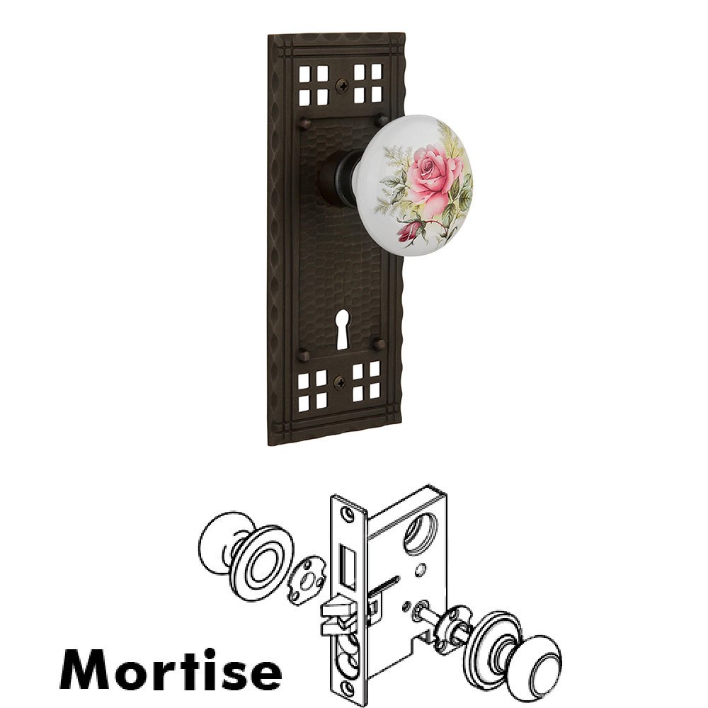 Nostalgic Warehouse Mortise Craftsman Plate with White Rose Porcelain Knob and Keyhole in Oil Rubbed Bronze