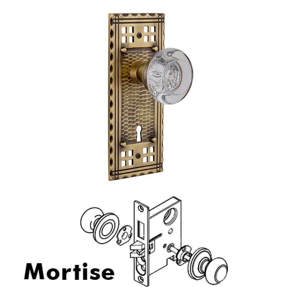 Nostalgic Warehouse Mortise Craftsman Plate with Round Clear Crystal Knob and Keyhole in Antique Brass