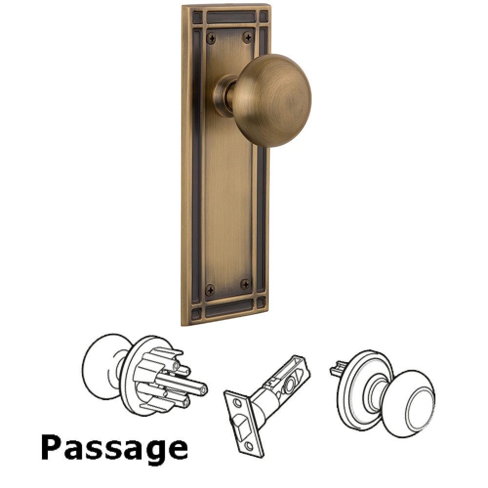 Nostalgic Warehouse Passage Mission Plate with New York Knob in Antique Brass
