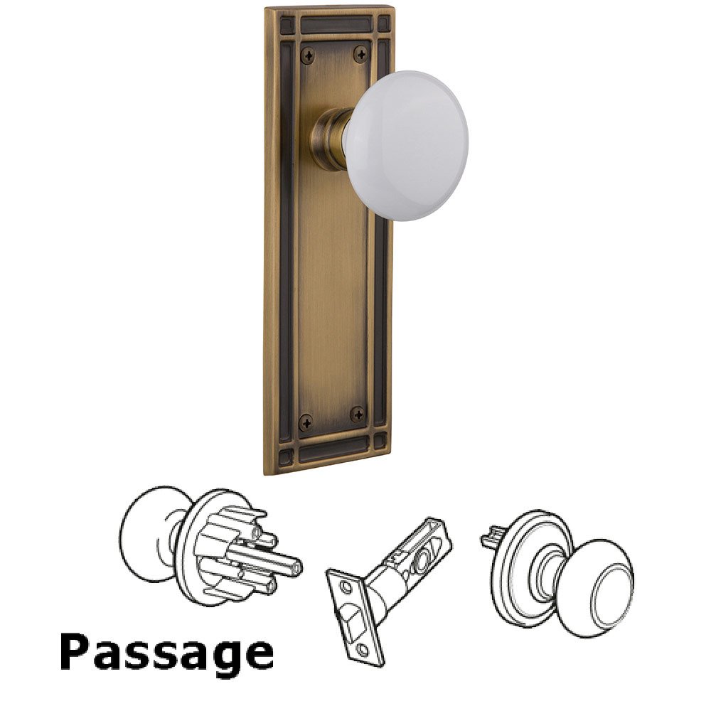 Nostalgic Warehouse Passage Mission Plate with White Porcelain Door Knob in Antique Brass