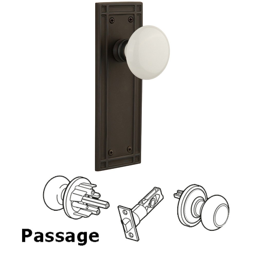 Nostalgic Warehouse Passage Mission Plate with White Porcelain Knob in Oil Rubbed Bronze