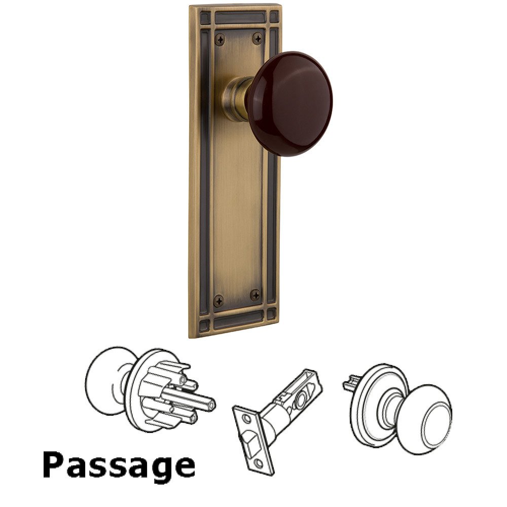 Nostalgic Warehouse Passage Mission Plate with Brown Porcelain Door Knob in Antique Brass