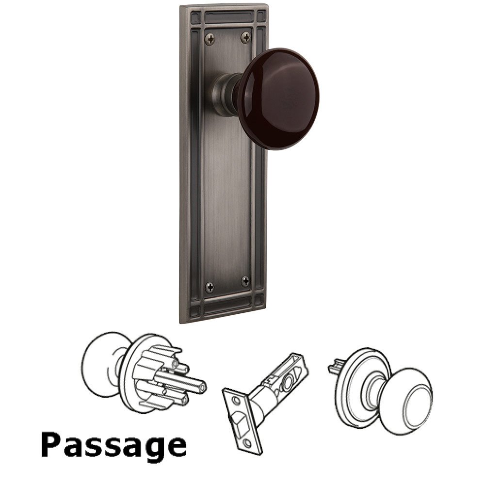 Nostalgic Warehouse Passage Mission Plate with Brown Porcelain Knob in Antique Pewter