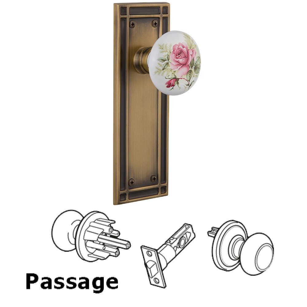 Nostalgic Warehouse Passage Mission Plate with White Rose Porcelain Door Knob in Antique Brass