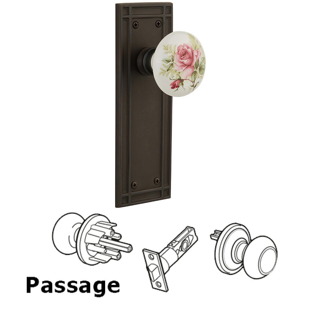 Nostalgic Warehouse Passage Mission Plate with White Rose Porcelain Knob in Oil Rubbed Bronze