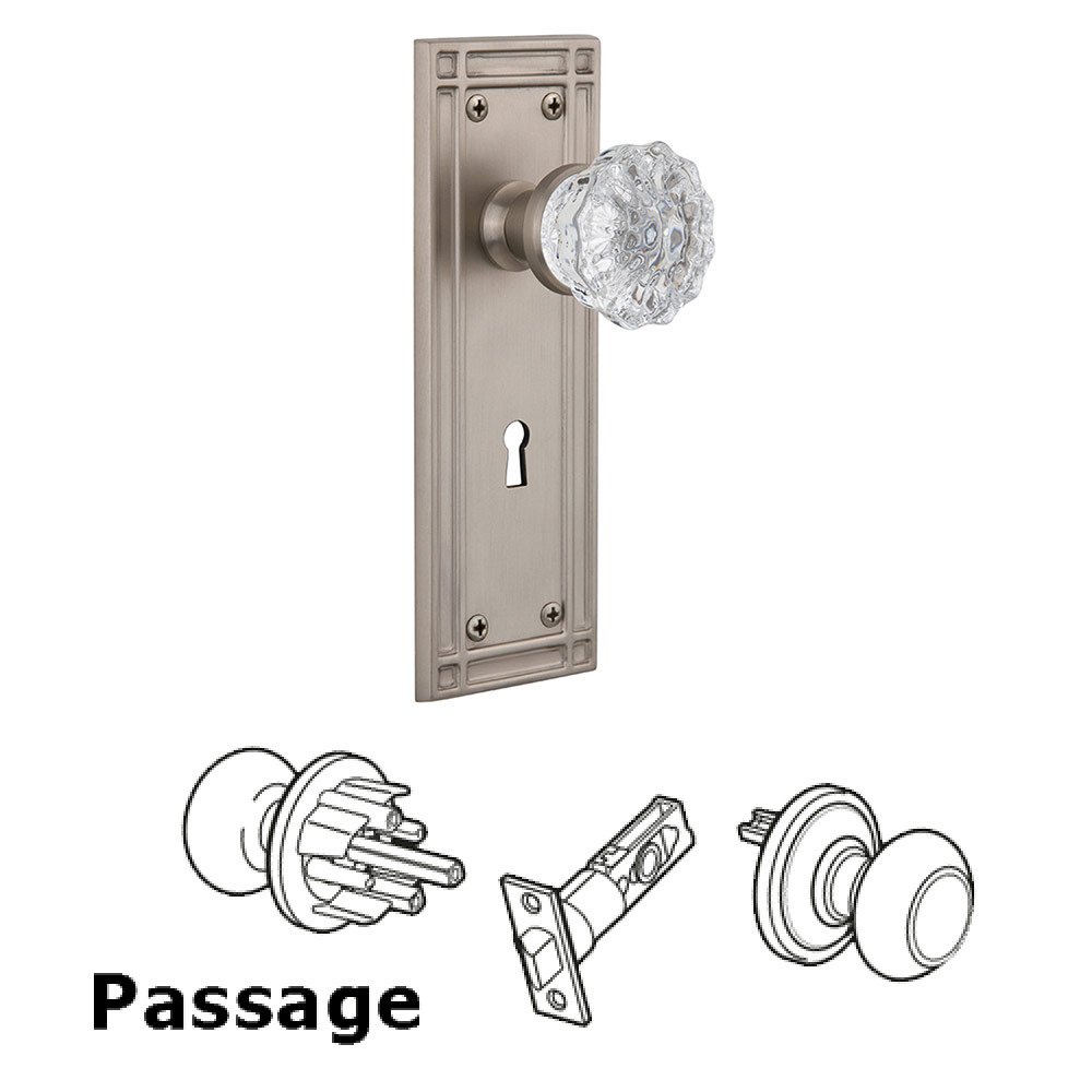 Nostalgic Warehouse Passage Mission Plate with Keyhole and Crystal Glass Door Knob in Satin Nickel