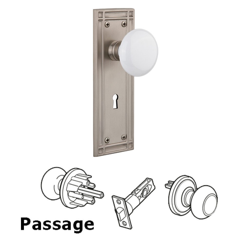 Nostalgic Warehouse Passage Mission Plate with White Porcelain Knob and Keyhole in Satin Nickel