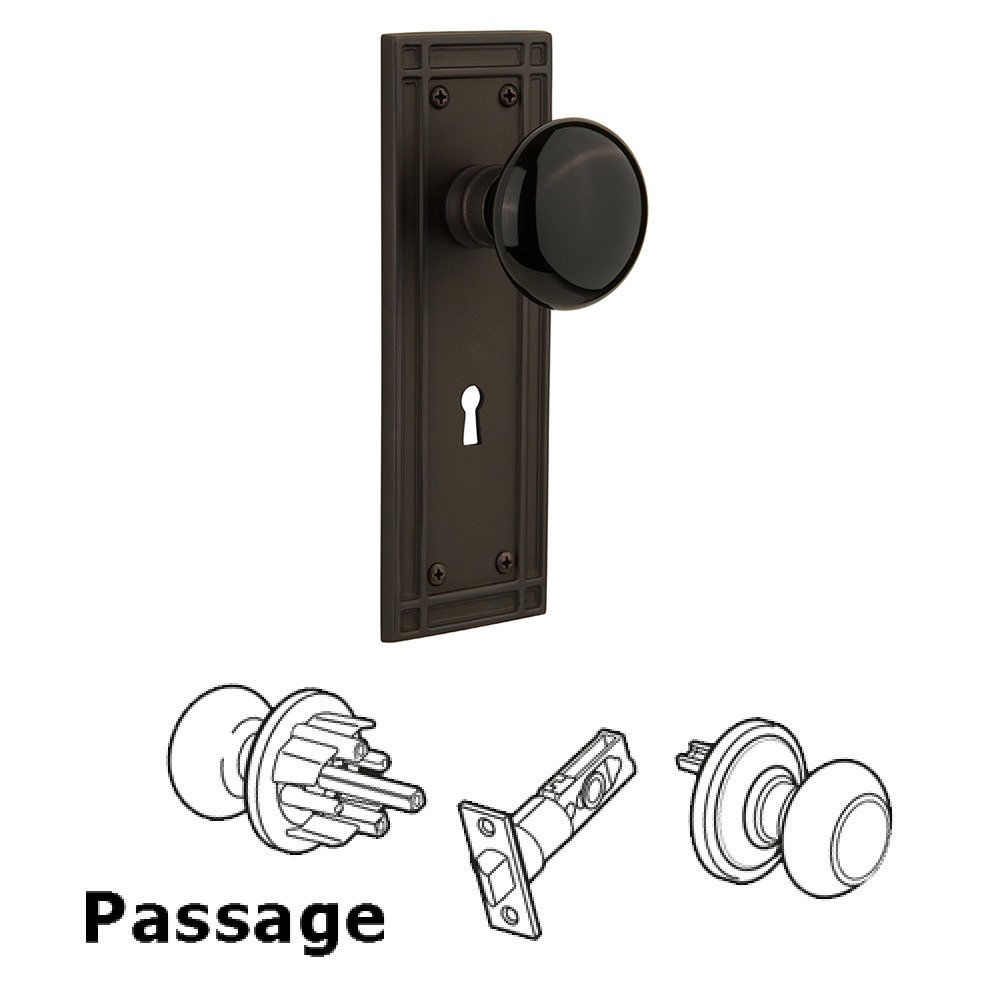 Nostalgic Warehouse Passage Mission Plate with Black Porcelain Knob and Keyhole in Oil Rubbed Bronze